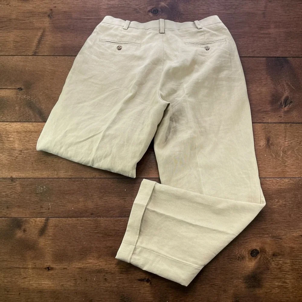 Jos A Bank Travelers Collection Mens 33x30 Beige 100% Linen Pleated Pants Cuff